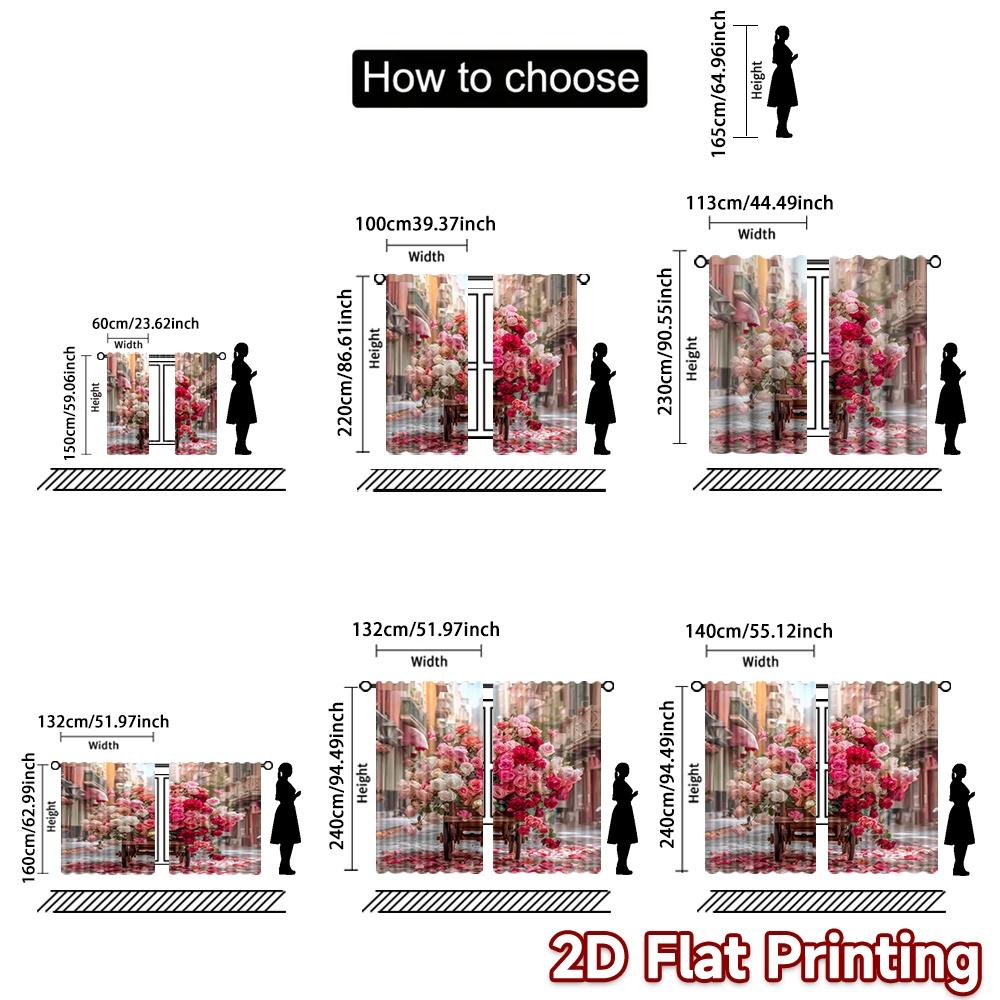 2D flat printing 2pcs Curtain Drapes Valentine's Roses Cart Digital Printed Polyester Drapes Seasonal Party & Holiday Decor Use