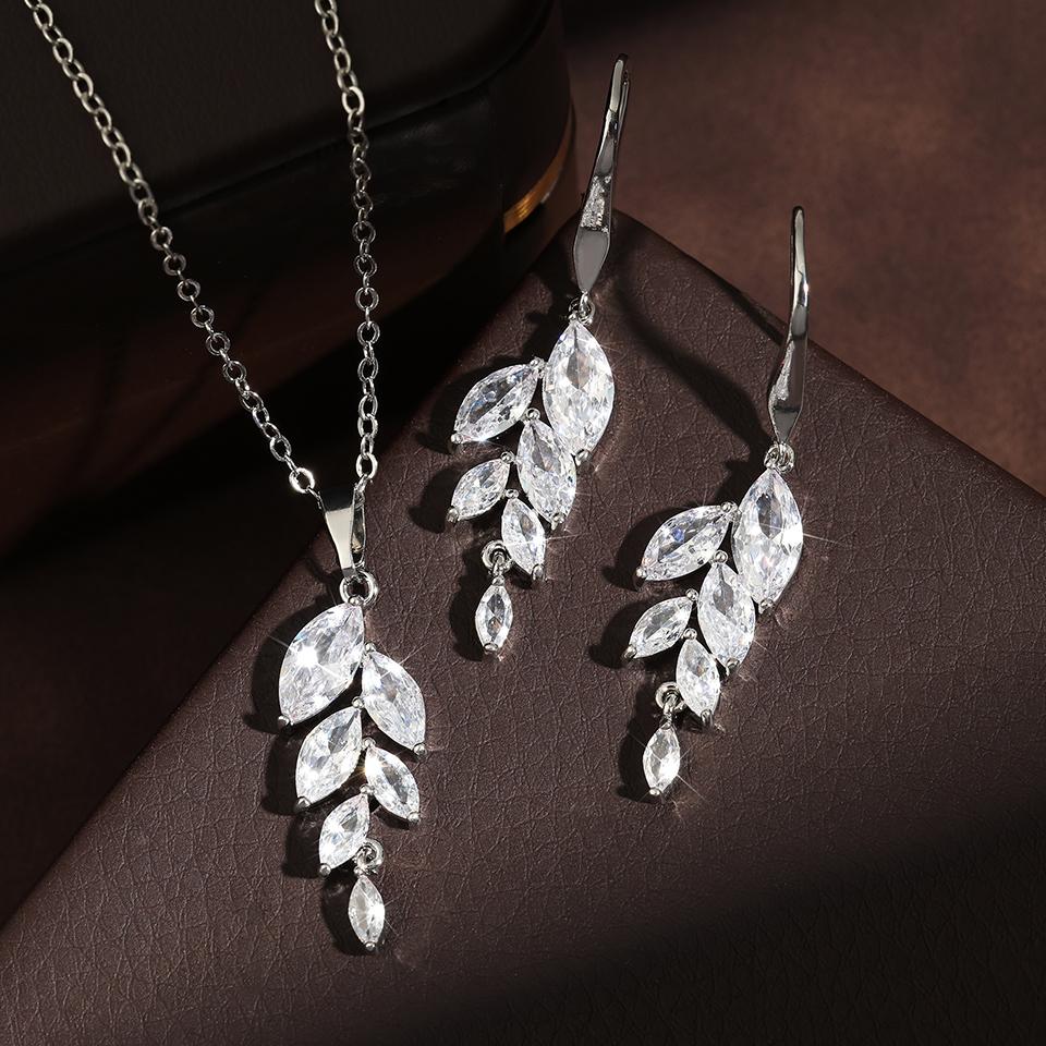 ZAKOL Poland Style Cubic Zirconia Leaf Hook Earrings Necklace Set for Women Elegant Bridal Wedding Party Jewelry Dress