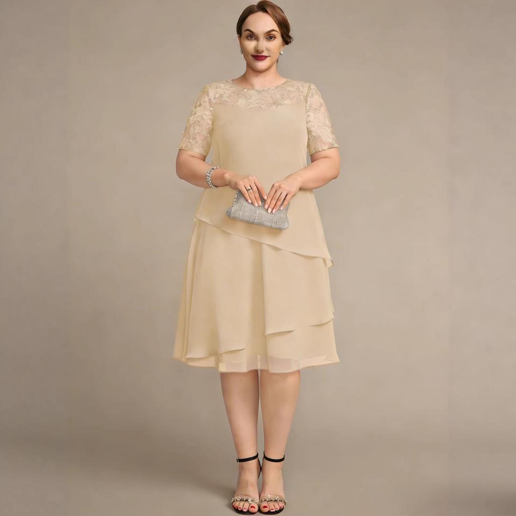 Nuovo Vestito da Donna Taglie Forti in Chiffon con Intarsi in Pizzo Traforato Manica Corta Vestibilità Aderente per il Lavoro e il Tempo Libero