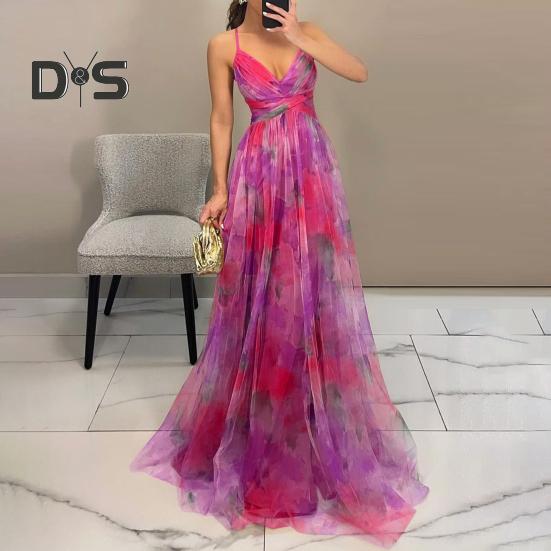 Damen Spaghettiträger Maxikleid Blumen Boho Tiefer V-Ausschnitt Aushöhlen Mesh Plisseekleid Sommer Strand Party Swing Langes Kleid