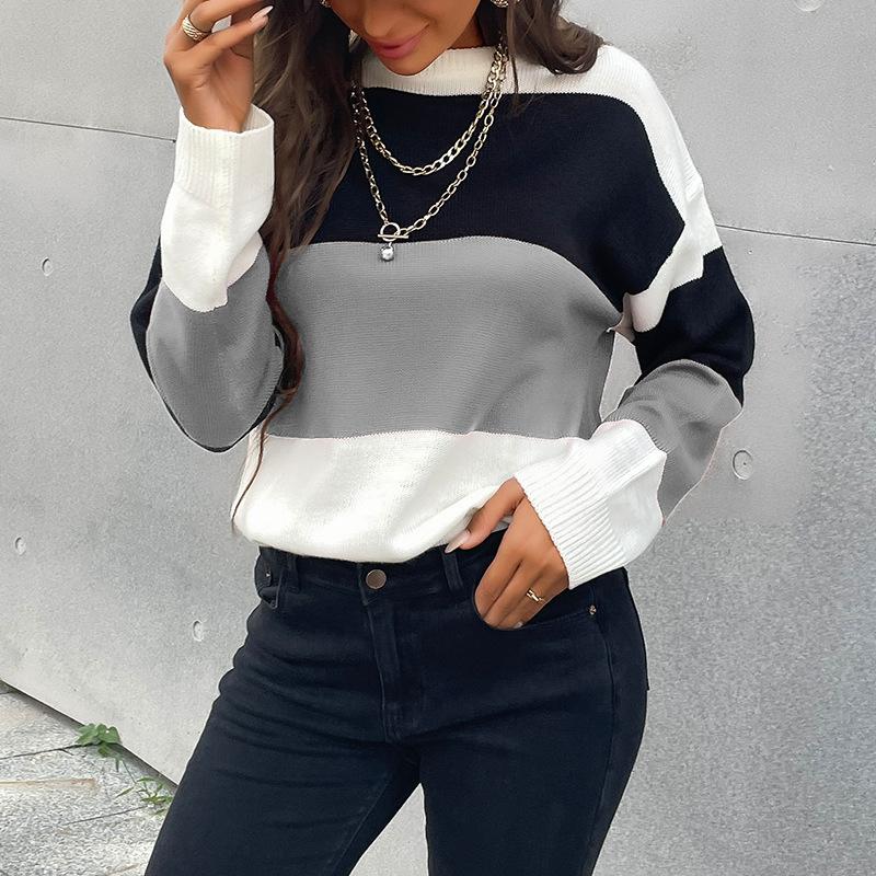 Women's Crew Neck Sweater, Striped for Fall and Winter