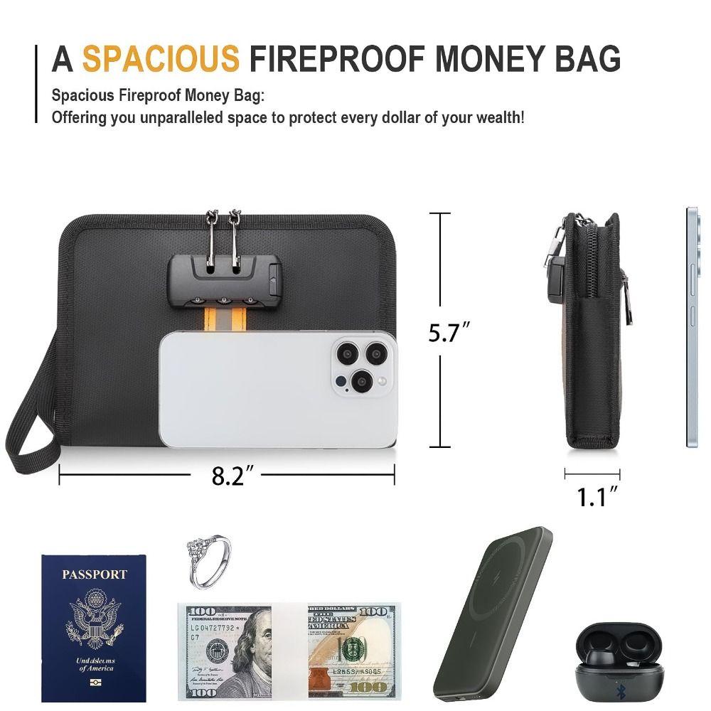 Fireproof Money Bag with Combination Lock Waterproof Document Safe  Bag  Travel