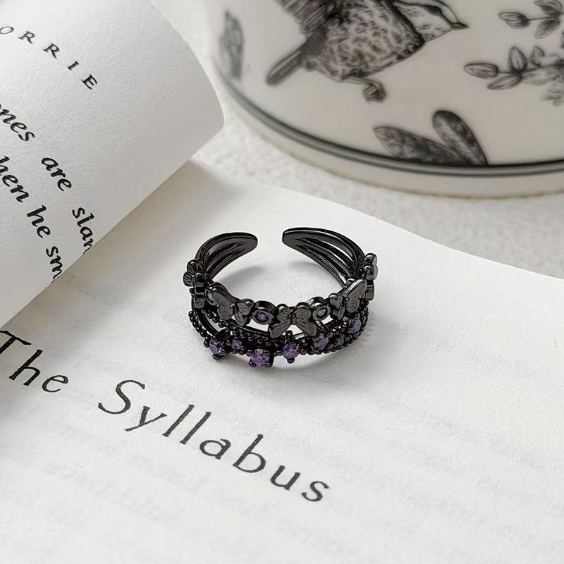 "Dark Butterfly Light" Retro Neutral Enamel Dark Butterfly Open Ring For Women Wearing Personalized Punk Index Finger Ring