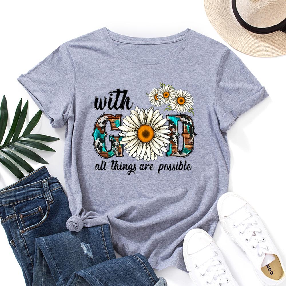 Cotton T-Shirt Short Sleeve Round Neck Women 2d Print Tops