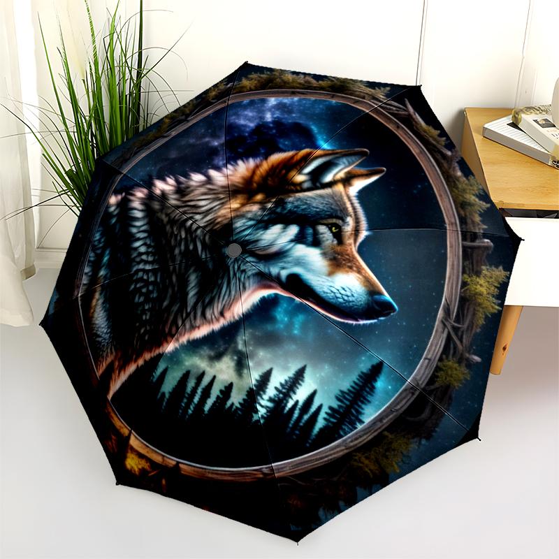 1PC wolf theme Umbrella Portable Folding Umbrella Iron Frame Hole Bone Structure Outdoor Home Umbrella A17