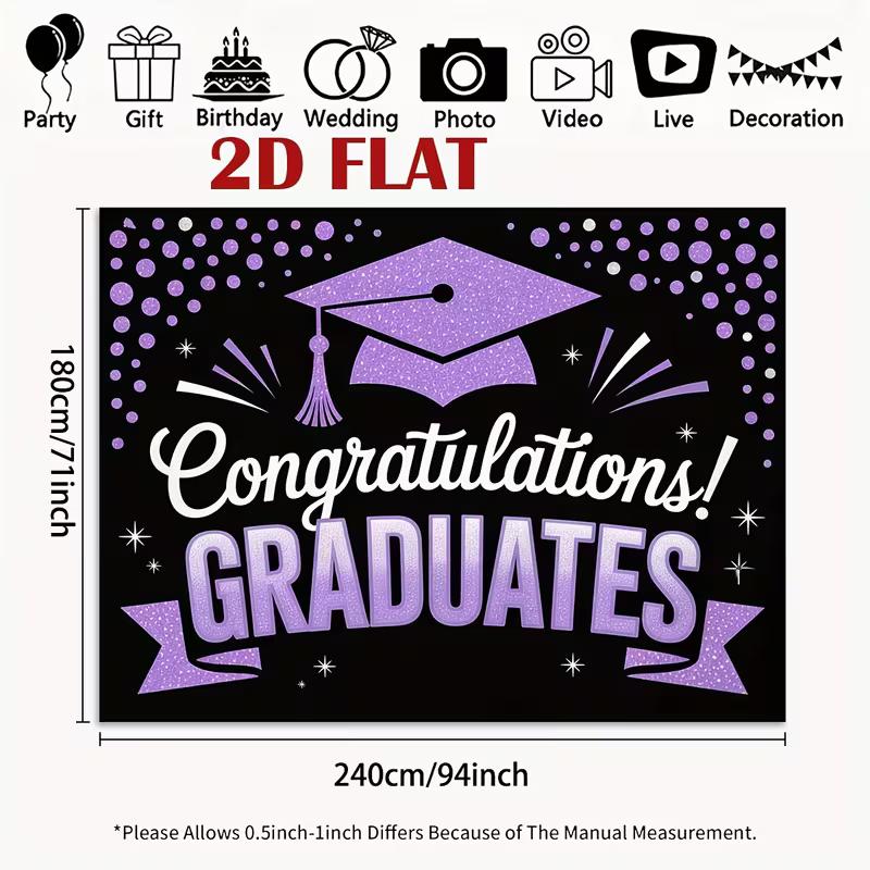 2D Congratulations Graduates Backdrop Purple Glitter Cap Confetti Graduation Photo Banner