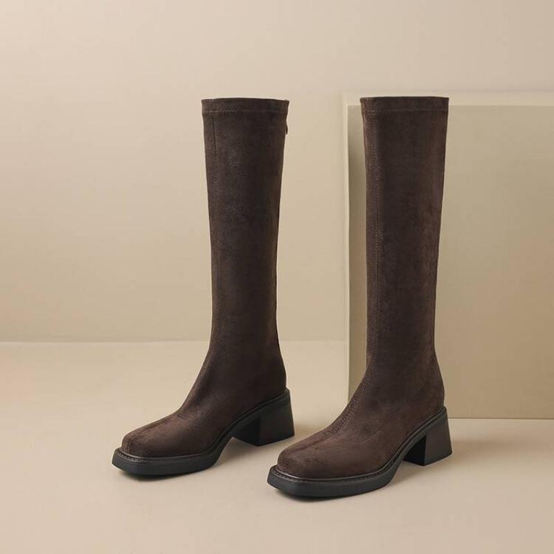 Korean version of the new suede tall boots solid color rear zipper medium heel large size women's leather boots autumn and winter round head Martin b