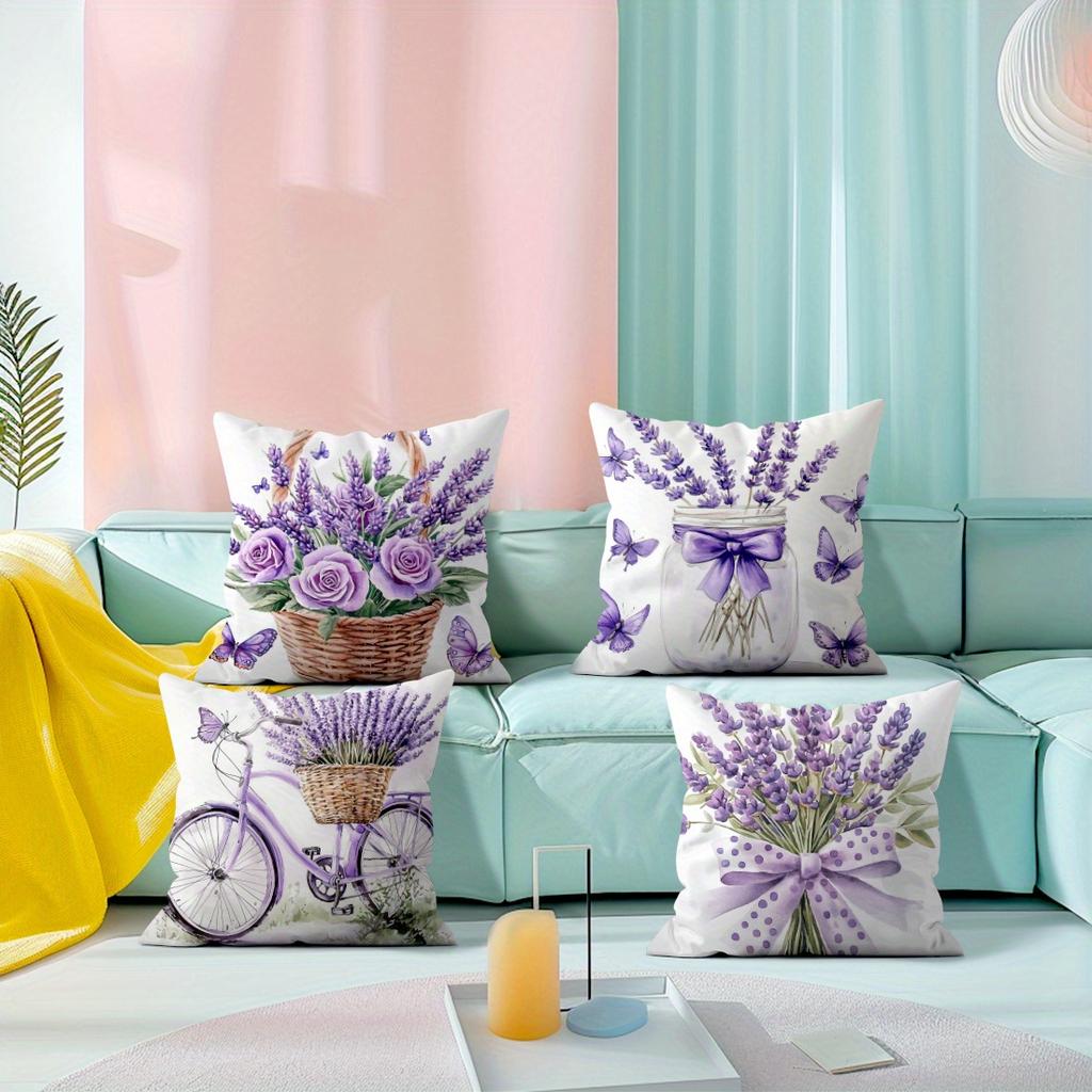 4pcs Purple Lavender Single-Sided Printed Throw Pillow Covers for Sofa, Insert Not Included