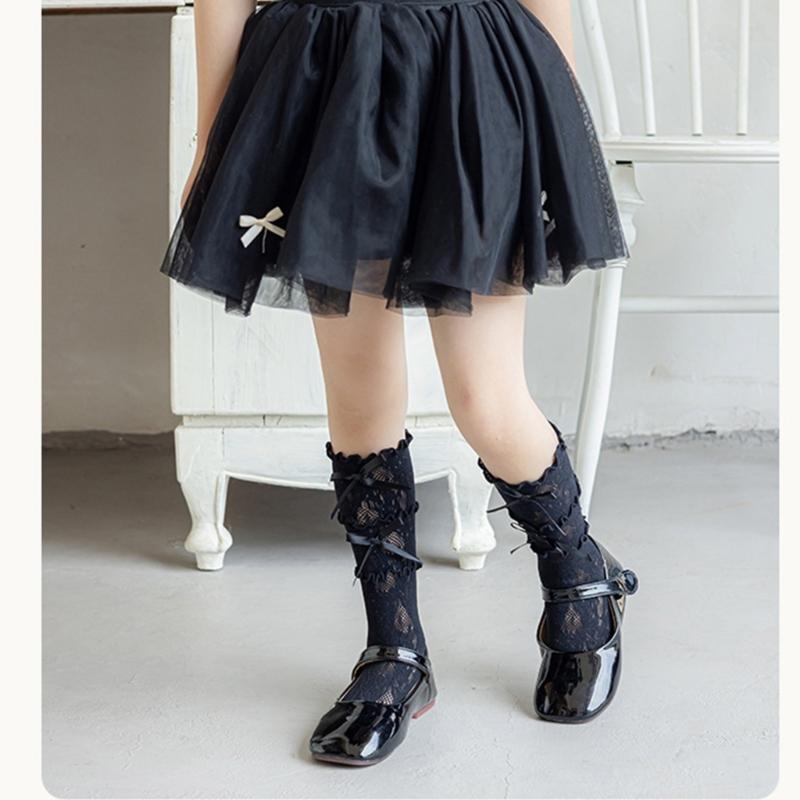 Cotton Girls Socks, Spring Thin Style In Tube Socks 3-Layer Lace Bowknot Charm Stackable for Kids 3-13T