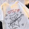 Rock Cat Music Is My Life Pattern Printed T Shirt Women and Men Casual Loose Rock Funny Round Neck Short Sleeve Top Unisex