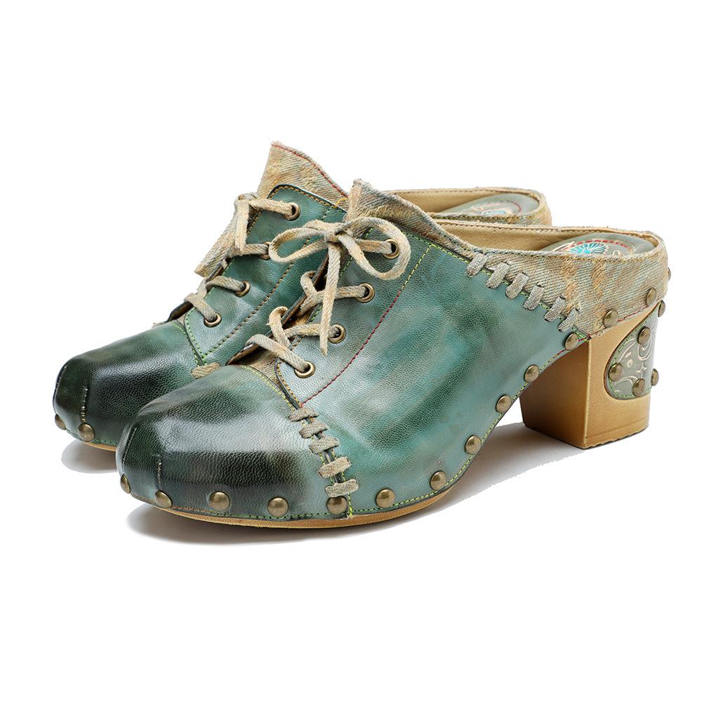 Johnature Genuine Leather Retro Outside Slippers Riveted Thick Heeled High Heels Slides Sandals Women Shoes