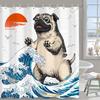 Pug Dog Shower Curtain with Great Wave and Sunset Japanese Art Style for Funny Bathroom Decor