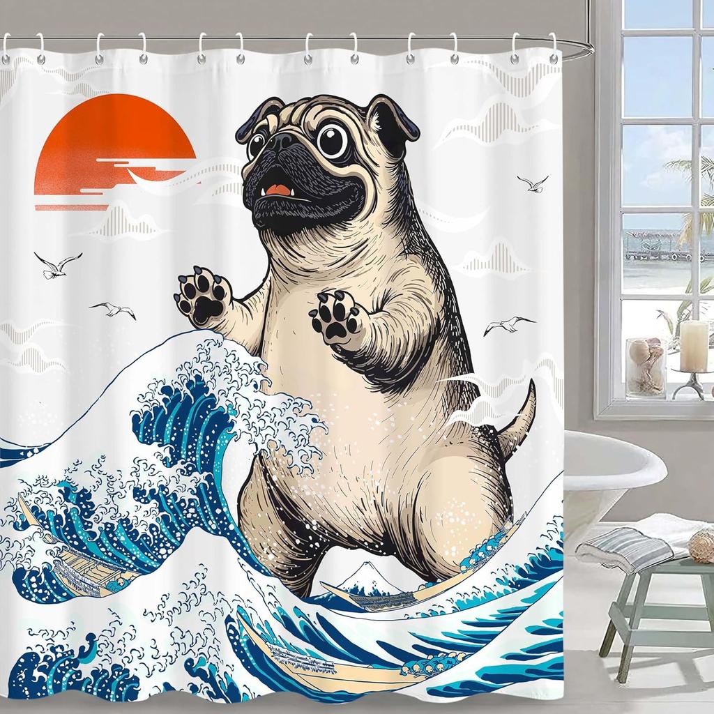 Pug Dog Shower Curtain with Great Wave and Sunset Japanese Art Style for Funny Bathroom Decor