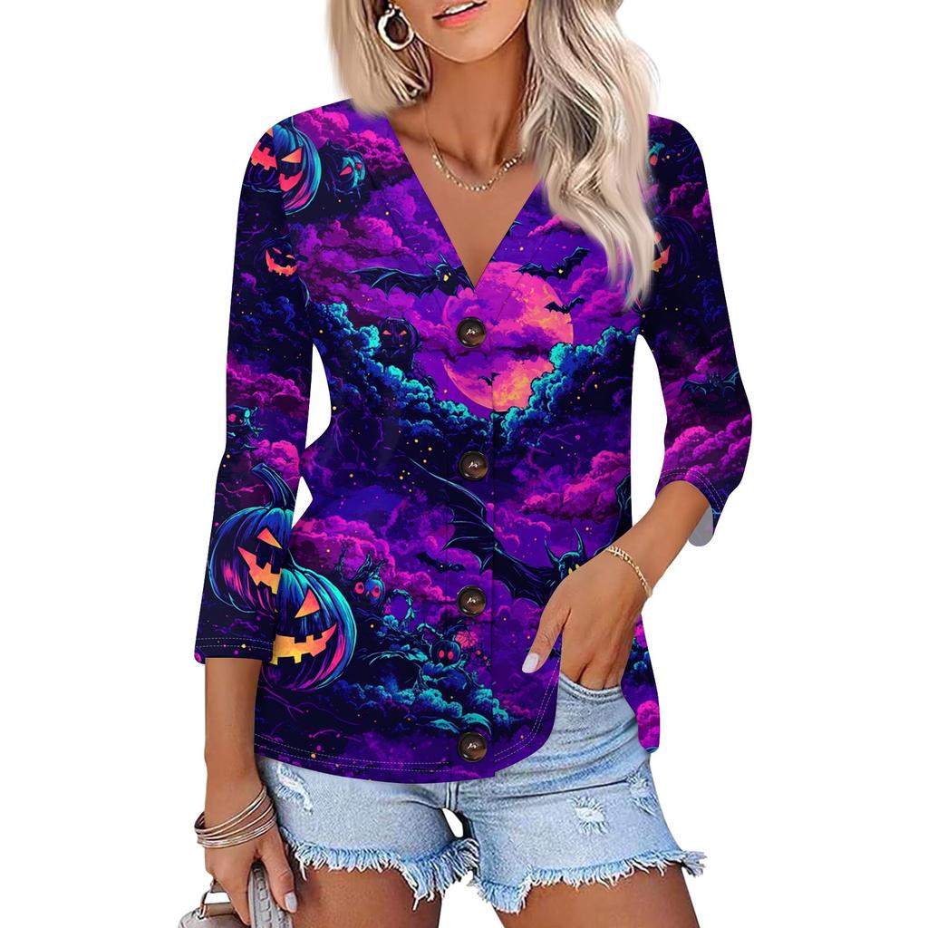 Damenmode Lässiges bedrucktes Button-Down-Hemd 3/4 lange Ärmel Oberteile