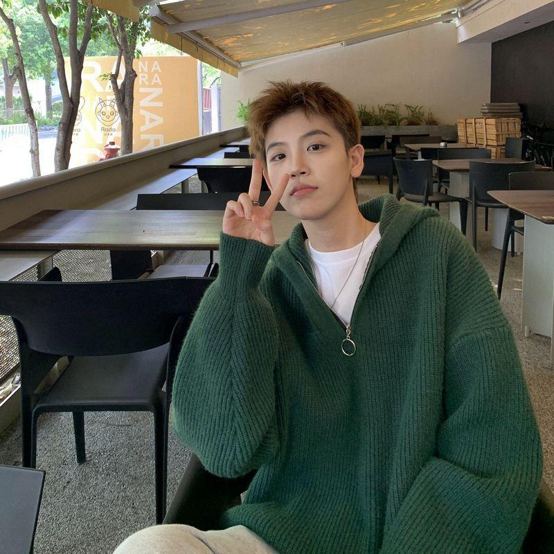 

Men s Korean Style Half-Zip Hoodie - Winter Casual Loose Fit, Solid Color Knitwear M зелений