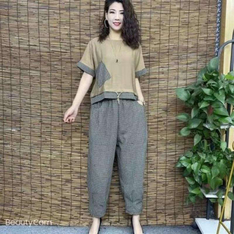 Sommer Trend T-Shirts Sets Damen Koreanischer Stil Persönlichkeit Tasche Kariert Kurzarm T-Shirt Lässige Hose Baggy Hose 2-teiliges Set