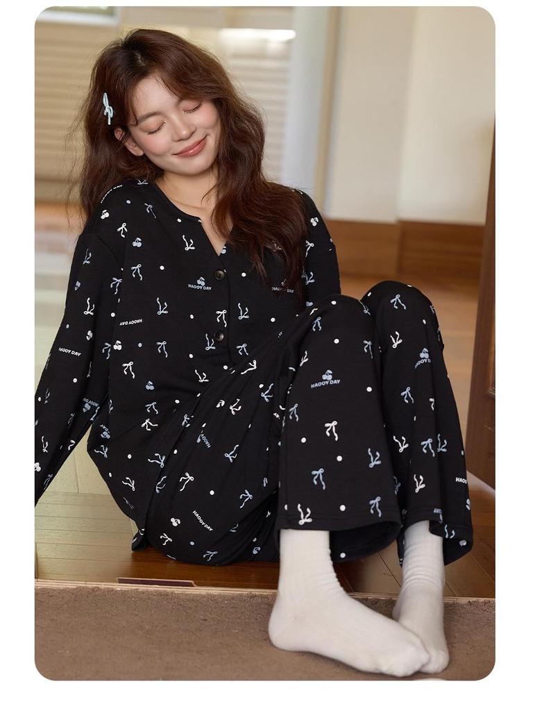 Women's Long Sleeve Cotton Kimono Pajamas with Chest Pads - Cute Cartoon V-Neck Set for Spring and Autumn