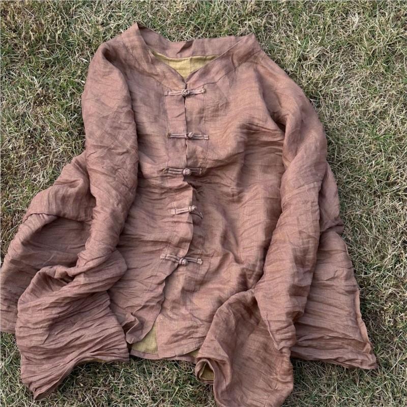 Johnature Women Vintage Shirts Tops Stand Long Sleeve Blouses Spring Solid Color Button Chinese Style Shirts