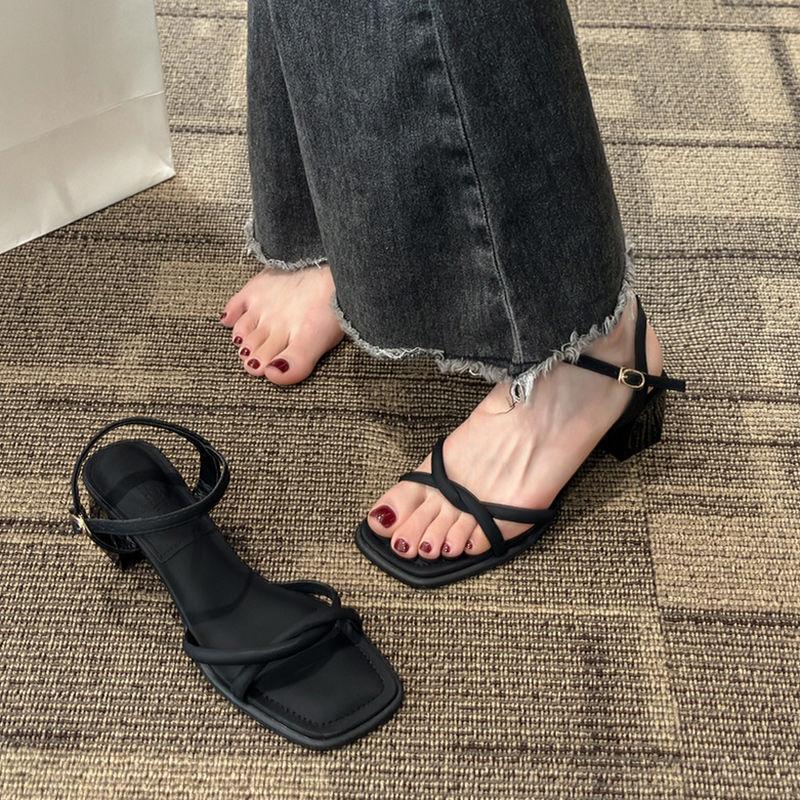 Small high heels female thick heel fairy style sandals with skirt summer French rhinestone cross strap Roman shoes