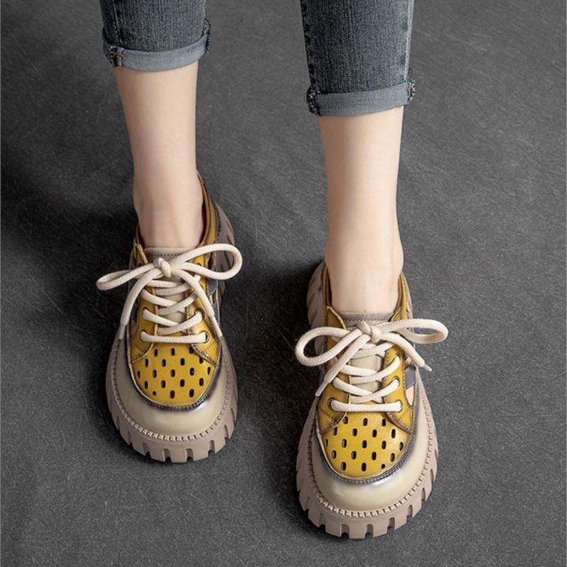 Thick Sole Mixed Colors Genuine Leather Retro Sandals Roman Style Lace-up Women's Flat Platform Shoes