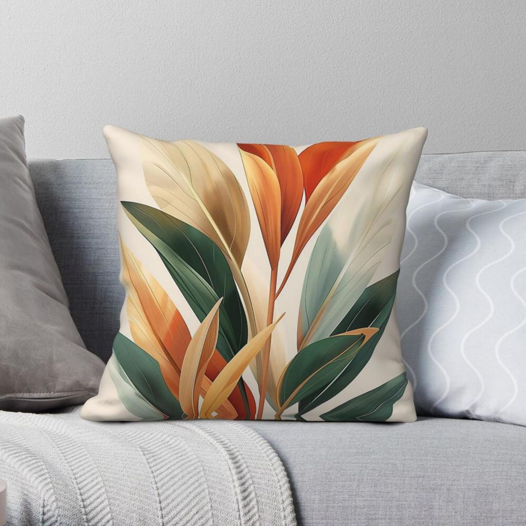 Boho Leaves Orange Green Square Pillowcase Polyester Linen Velvet Pattern Zip Decor Bed Cushion Cover