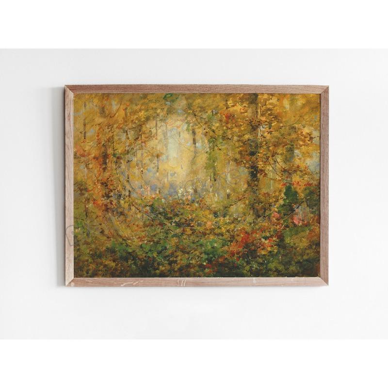Vintage Warm Tone Autumn Landscape Trees Mid Century Canvas Oil Painting Poster Wall Art Pictures Cozy Home Room Decor