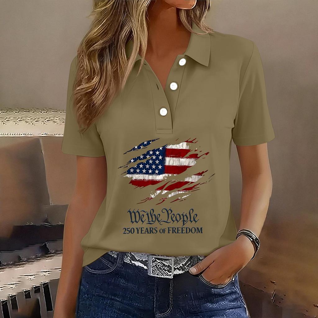 Damen Casual Knopfleiste Kurzarm Poloshirt Amerikanische Flagge Grafikdruck 250. Jahrestag Patriotisches Oberteil Leichtes Sommer-T-Shirt