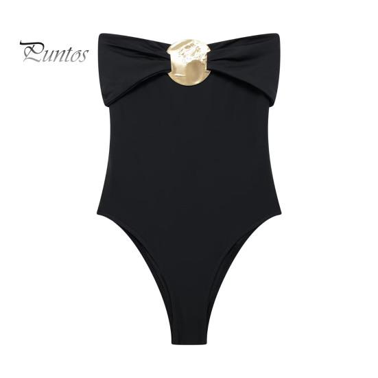 

Сексуальный монокини бандо без рукавов облегающий цельный купальник бикини с металлическими украшениями утягивающий живот быстросохнущий цельный купальник L чёрный