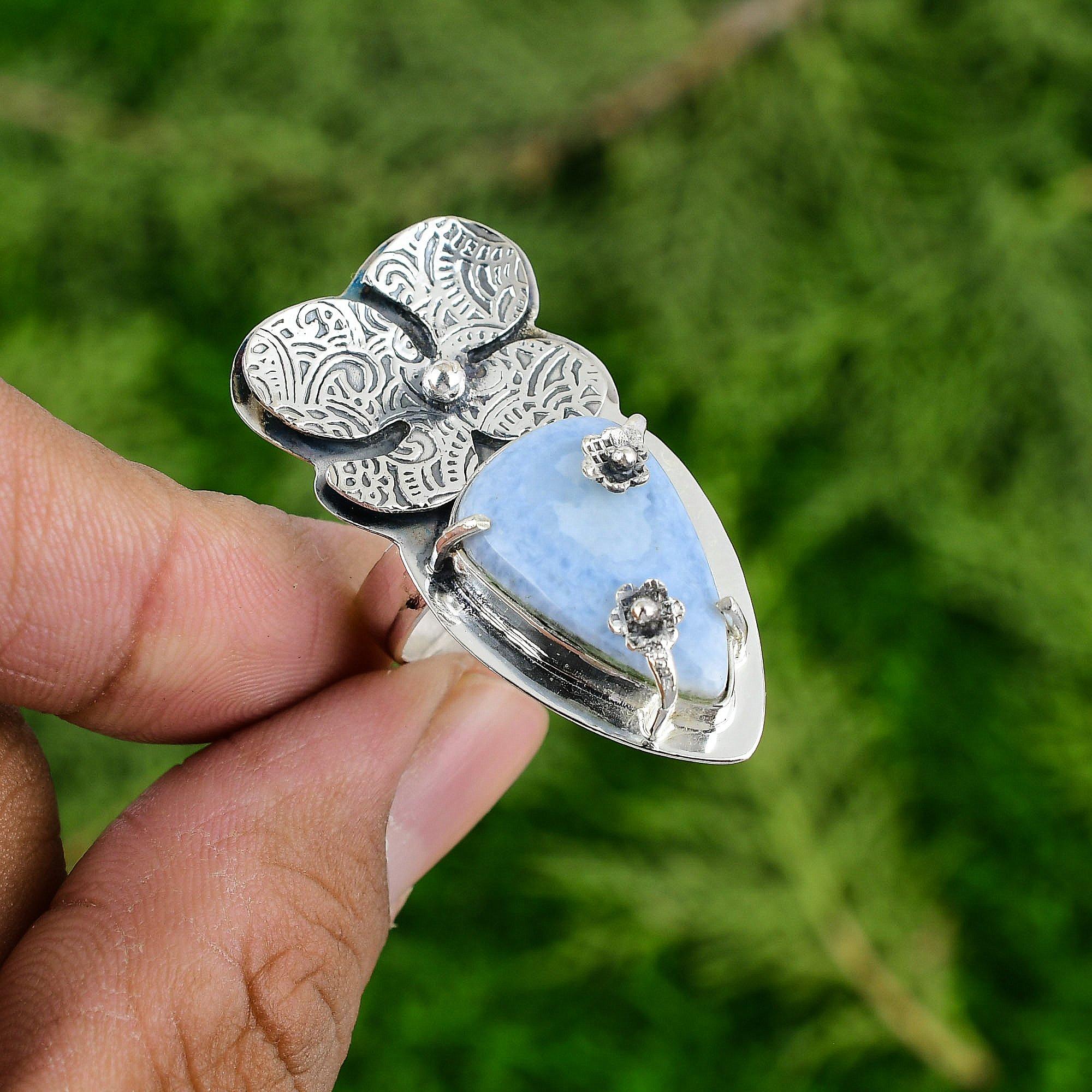 

Natural Owyhee Blue Opal 925 Sterling Silver Flower New Multi Stone Ring Jewelry Adjustable