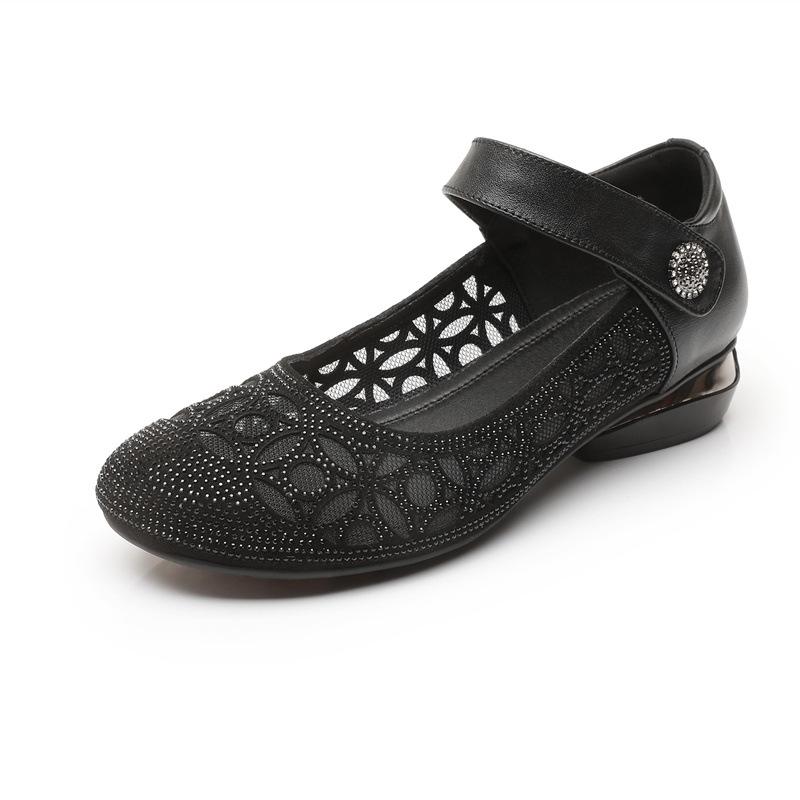 GKTINOO Mom Shoes Summer Sandals Soft Sole Closed Toe Low Heels Mesh Single Shoes Genuine Leather Rhinestone Large Size