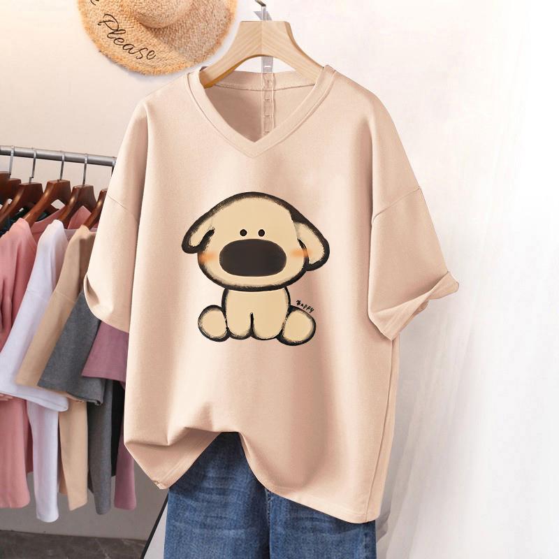 

Женская футболка с коротким рукавом, большого размера, свободная и стройнящая, топ с V-образным вырезом с принтом 5XL абрикосовый