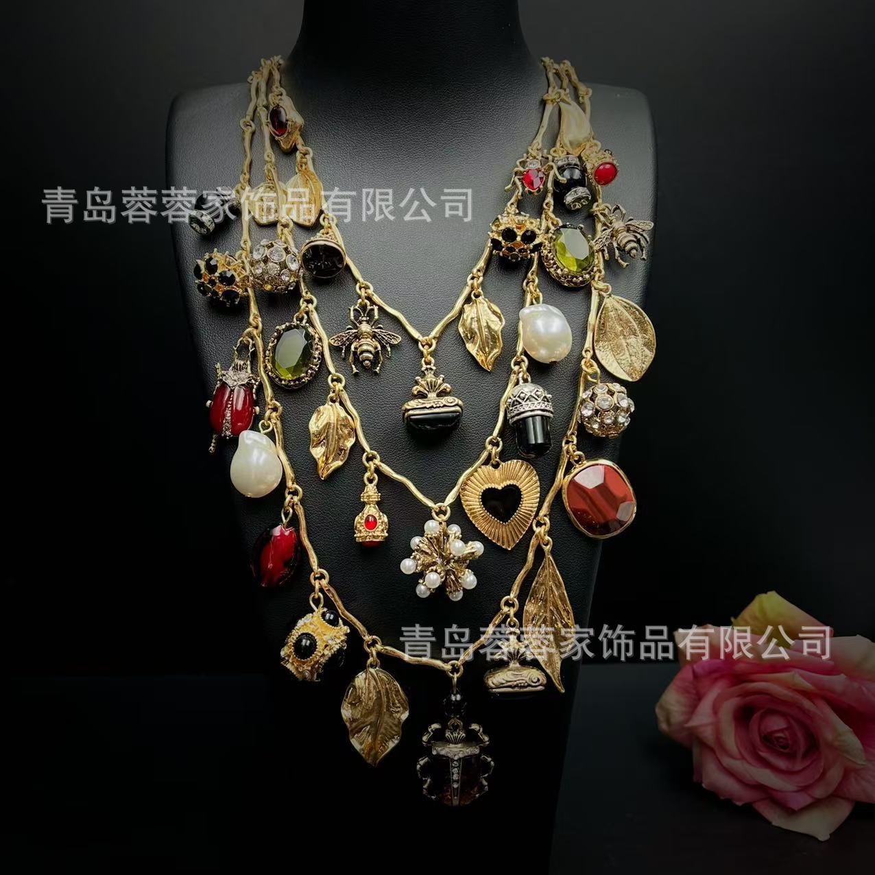 

ZA Cross Border Vintage Multi Layered Necklace With Animals Insects Leaves Love Pendant Retro High End Feeling