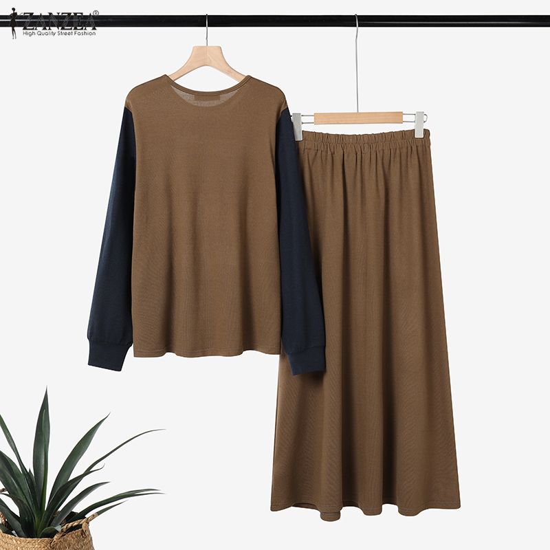 ZANZEA Damen Langarmbluse und Lange Röcke Muslimische Zweiteiler-Anzugsets