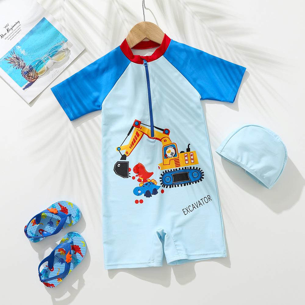 2026 Boys' One-Piece Swimsuit: Quick-Dry Boxer with Cartoon Design for 9-12M to 1-7Y, Sun Protective Swimwear