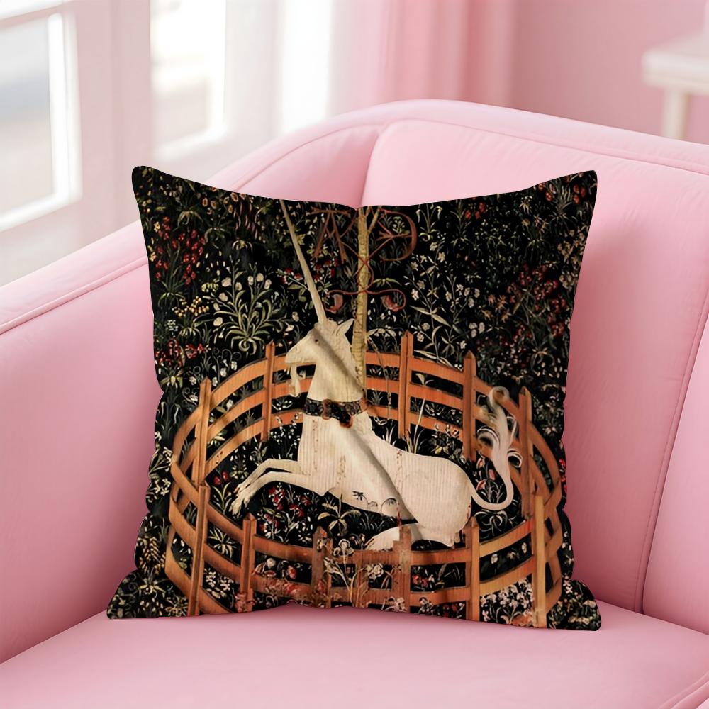 Vintage Medieval Unicorn Art Cushion Cover Pillowcase Short Plush Invisible Zipper Room Sofa Cushion Cover