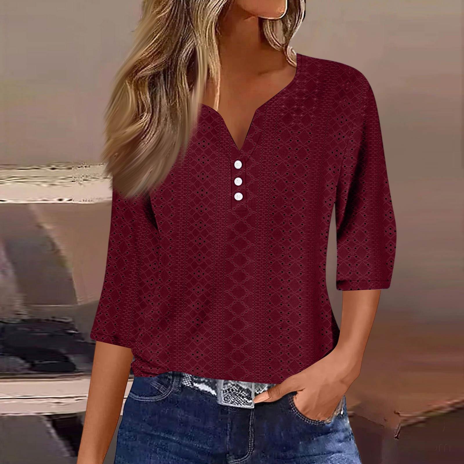 

Женская модная футболка с V-образным вырезом и пуговицами, семь рукавов, повседневные однотонные топы XL винный
