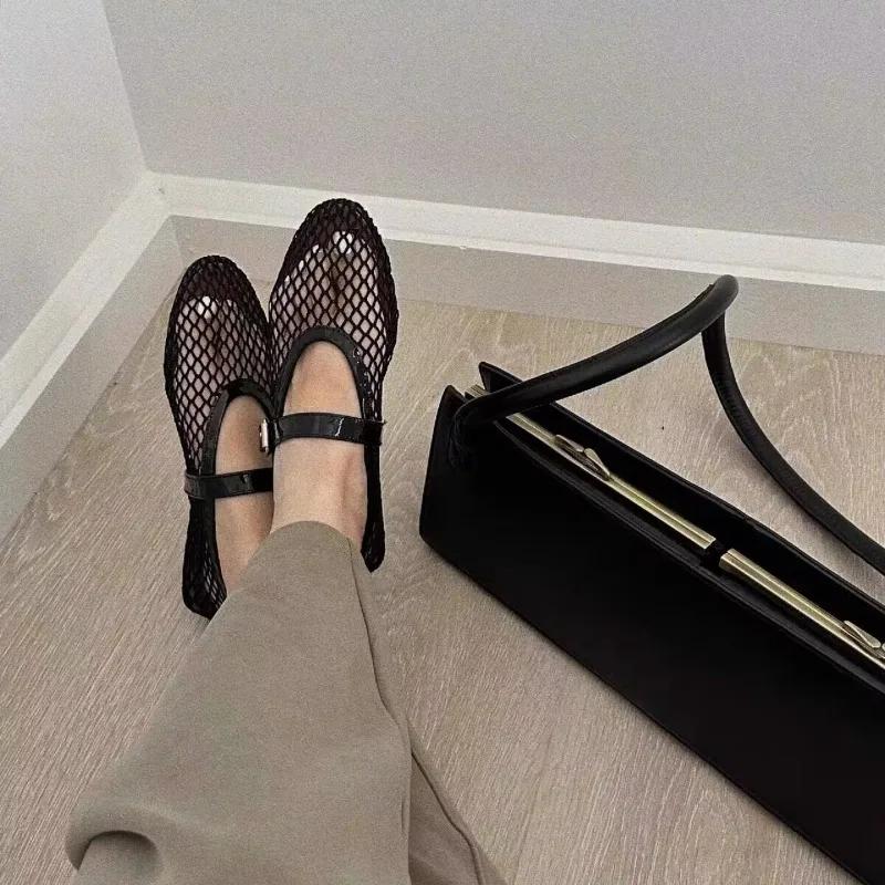 Fashion Mesh Black Ballet Shoes Female Summer New Flat Hollow Mesh Breathable Single Shoe Fishnet Shoes Sandals Mary Jane