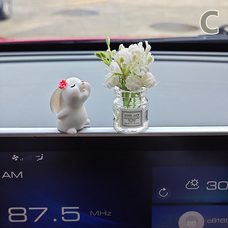 Cute Rose Flower Vase And Rabbit Car Interior Decoration Ornaments Auto Center Console Decoration Gadgets For Car Accessories