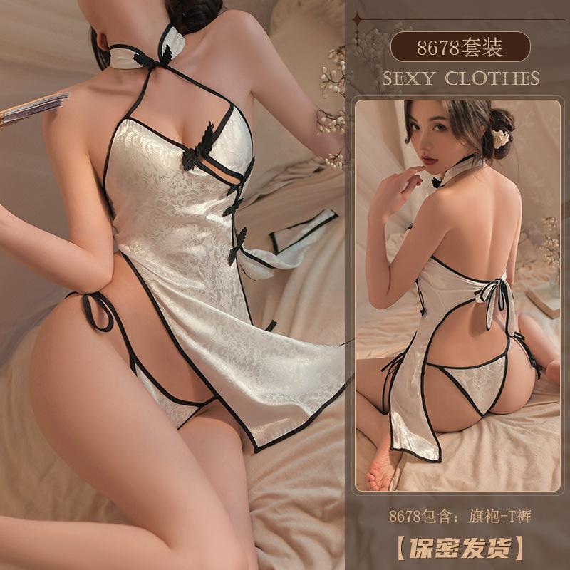 Erotic Lingerie, sexy jacquard cheongsam, Hot cut-out tie, plus-size uniform, Seductive pajama set 8768