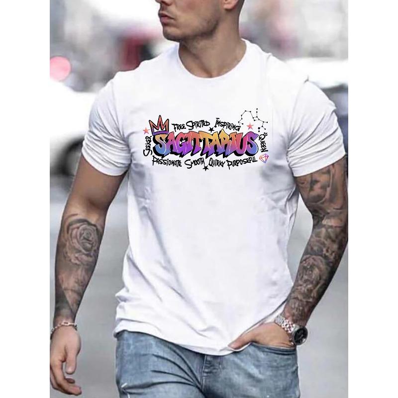 Men Short Sleeve T-Shirt with Letter Printing - Casual Round Neck Breathable Top, Regular Fit for Hot Weather, Machine Washable & Dry Cleanable S белый