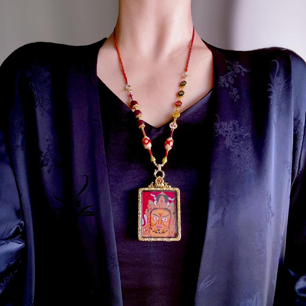 3D Hand-Painted Yellow Jambhala Thangka Zhakiram Gau Box Necklace