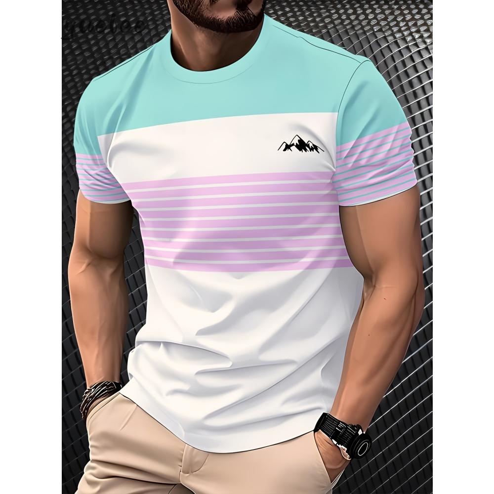 3D Striped Print Men's Top Fashion Men's Short Sleeved Tee Casual Loose Breathable Men's Clothing