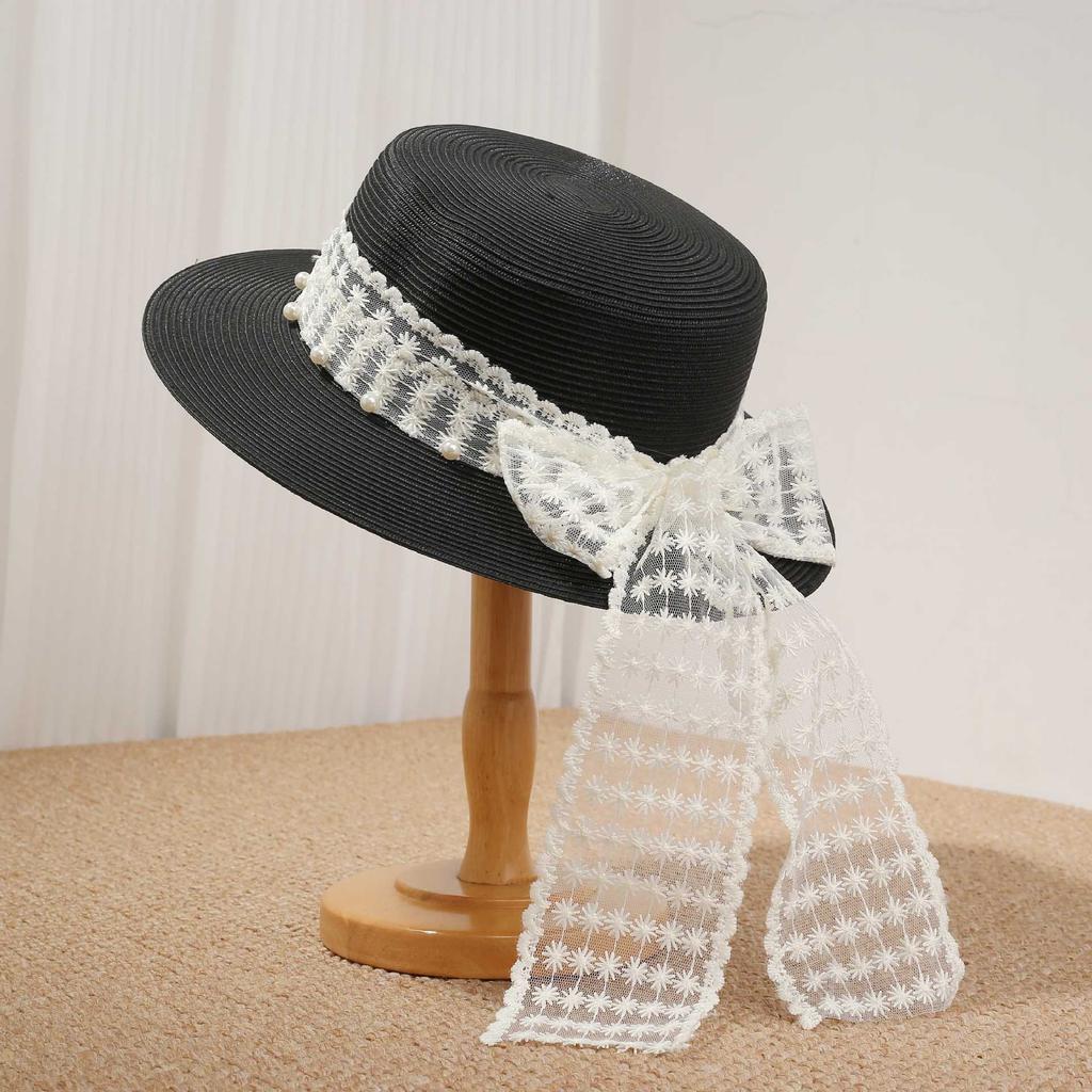 Hat Women's Versatile Lace Strap Bow Dome Straw Hat Summer Travel Shade Sunscreen Big Brim Basin Hat