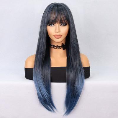 Pelucas de Cabello Sintético Azul Mezclado Negro para Mujer Moda Peluca Larga Sedosa Lisa Cosplay Disfraz de Halloween Fiesta Peluca de Drag Queen