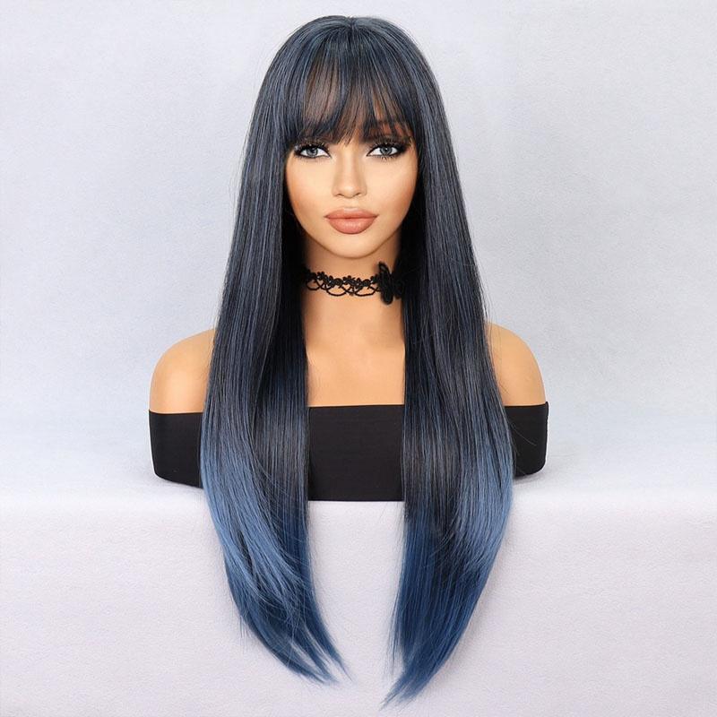 

Синтетические волосы Синий смешанный черный парики для женщин Модный длинный шелковистый прямой парик Косплей Хэллоуин Костюм Вечеринка Парик Драг Квин