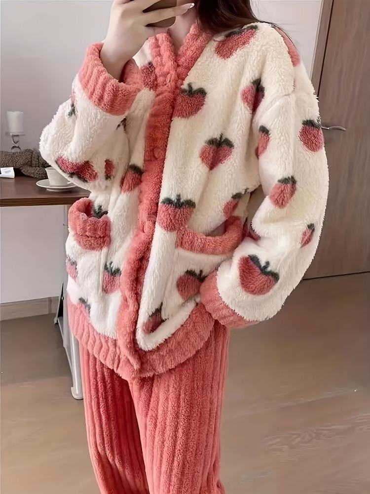 Süßes Pyjama-Set aus geripptem Fleece mit Erdbeer-Print, gemütliches und warmes Langarm-Oberteil mit V-Ausschnitt und elastischer Hose, Nachtwäsche und Loungewear für Damen