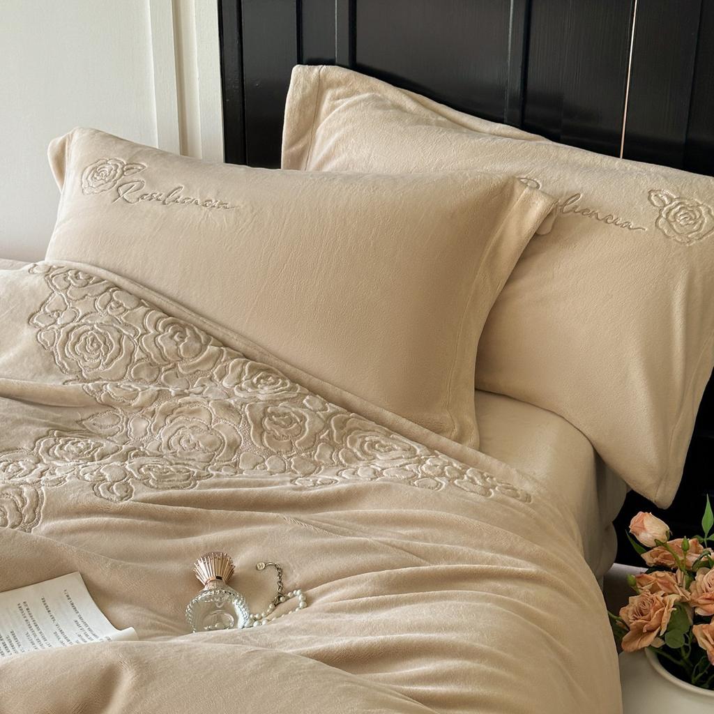 Thickened Milk Fleece Embroidery Four-Piece Set - Chucha Series 1.5M Bed Sheet Four-Piece Set, Rice Camel