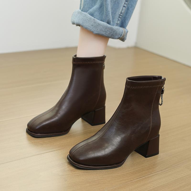 

New Women High top Heeled Short Fleece Lined Slimming Stilettos Autumn Winter Polyurethane Leather Petite Ankle 38