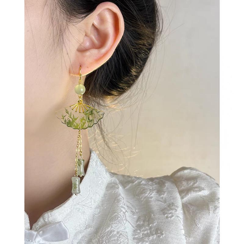 2024 Chinese Style Green Bamboo Transparent Folding Fan Earrings