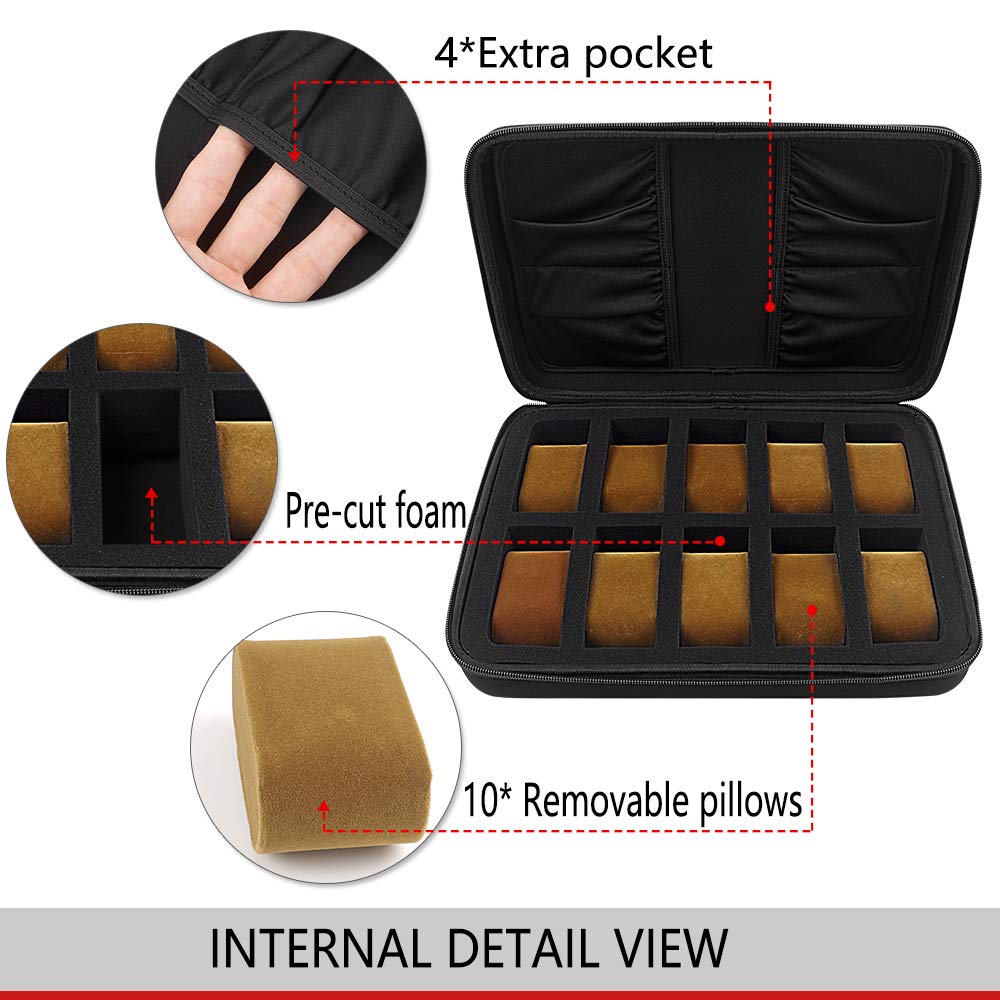COMECASE 10-Slot Watch Box Organizer for Men, Display and Storage Case, Fits All Watches and Smartwatches Up To 42mm, with 4 Extra Pockets (Black)